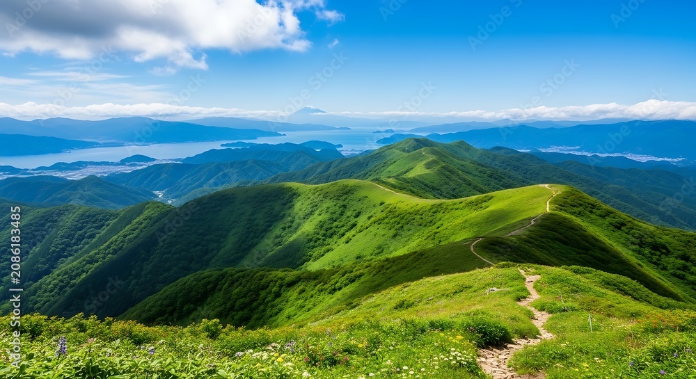 Fototapeta premium Breathtaking panoramic view of lush green mountain ridges under a bright blue sky.