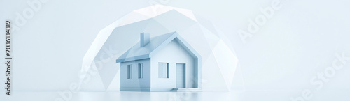 A 3D house model protected inside a transparent dome symbolizing safety, security, and insurance in a minimalistic, white environment.