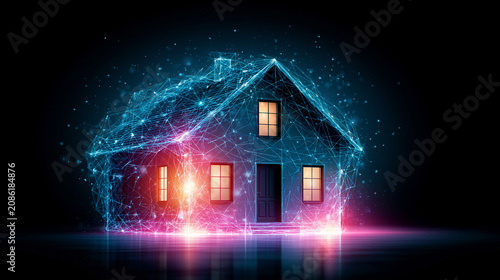 A glowing, futuristic house made of interconnected blue digital lines and nodes, illuminated by warm window lights against a dark background.