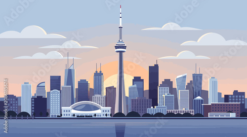 Pixel Art Cityscape at Sunset: Modern Skyline with CN Tower