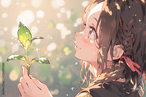 Young Girl with Glowing Seedling in Warm Light - Digital Illustration,暖かい光の中で光る苗木を見つめる少女 デジタルイラスト