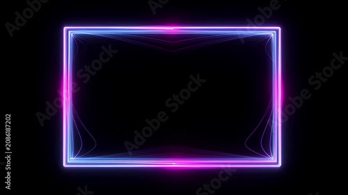 Neon frame loop glowing blue magenta abstract border on black background with rectangular copy space, empty center, and cyan light for modern design SEO