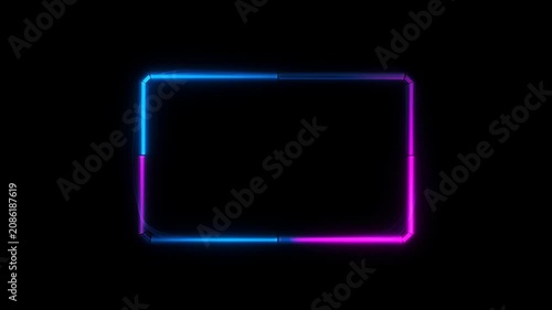 Neon loop frame glow border on black background with blue and magenta light, abstract modern rectangle for copy space and SEO design, glowing abstract border loop frame space