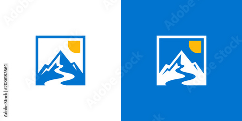 logo design combining mountain and river, design vector summit icon idea