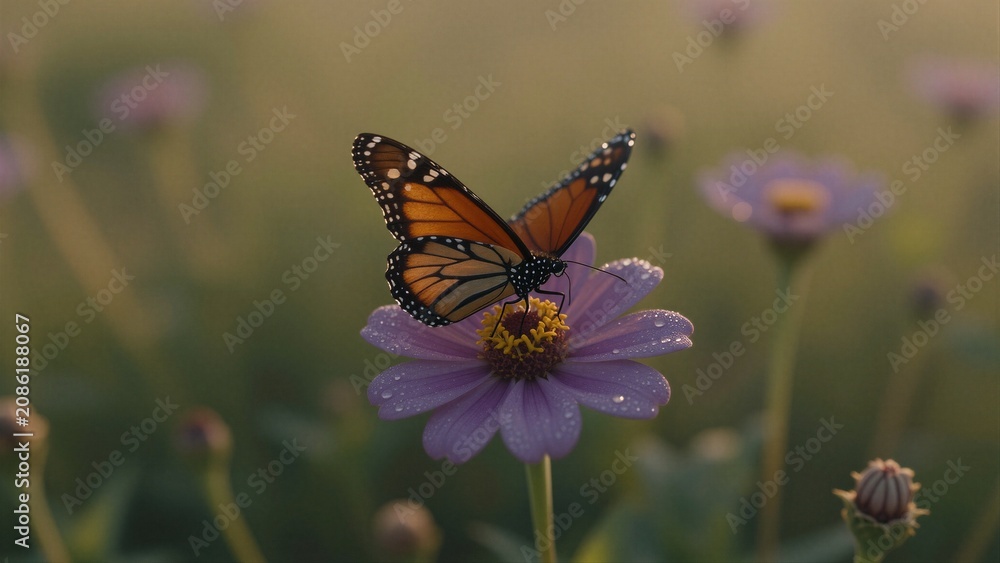 Fototapeta premium A monarch butterfly perches on a late-blooming cosmos flower in a serene summer meadow.