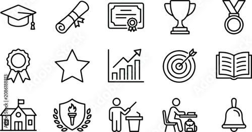 Education icons set graduation learning achievement and school related line art illustrations