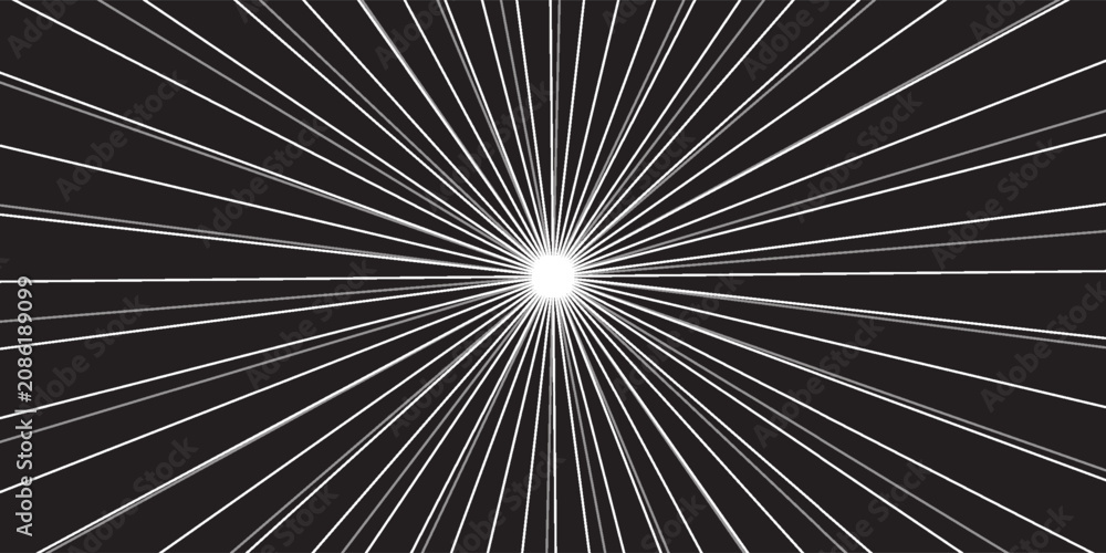 Fototapeta premium Sun ray light. Sun rays background. Radial burst. Sunburst black pattern isolated on white background. Beams line. Radiate sunlight. Comic effect texture. Retro pop art stripe. Vector illustration