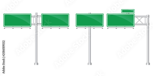 Photos Set of Blank Green Highway Directional Traffic Signs on Metal Poles for Road Nav