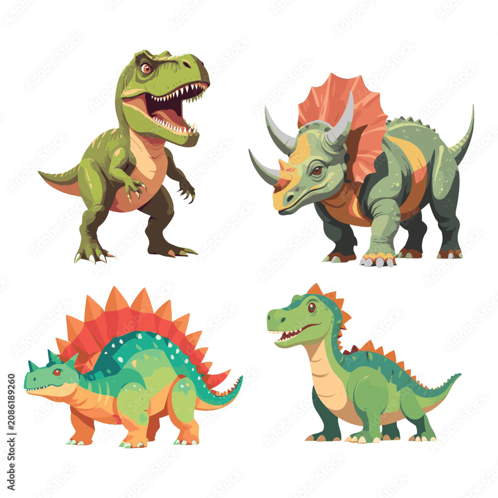 Fototapeta premium Cute Cartoon Dinosaur Vector Set Featuring Tyrannosaurus Rex Triceratops Stegosaurus Prehistoric Animals Clipart Collection for Kids Education Book Cover Printable T-Shirt Design White Background