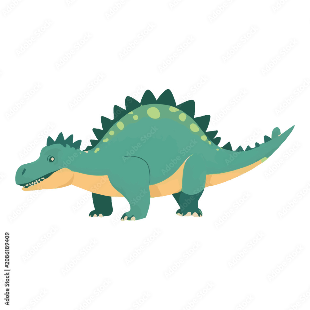 Fototapeta premium Cute Green Stegosaurus Dinosaur Vector Illustration Isolated on White Background for Kids Educational Book Cover Graphic Design Prehistoric Animal Mascot Character Flat Cartoon Clip Art Element