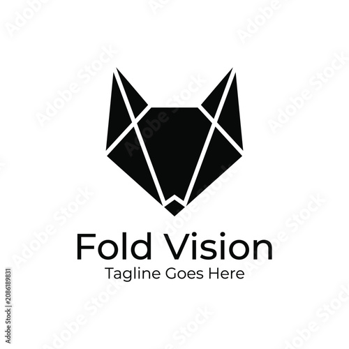 Geometric origami fox wolf head polygon shape with paper fold vision line for technology business creative animal wild modern logo design