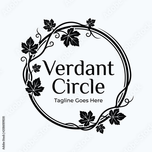 Verdant Circle with grape leaves vine branch frame for winery nature organic botanical beauty cosmetic garden fashion logo design