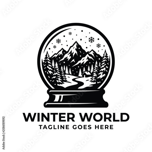 Snow globe with mountain pine tree cabin snow landscape for winter holiday outdoor travel adventure tourism logo design