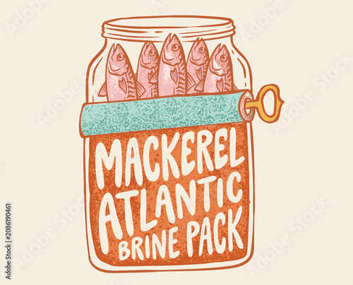 Cuadro en lienzo Mackerel, Atlantic fish, brine pack, vintage illustration, canned seafood, retro