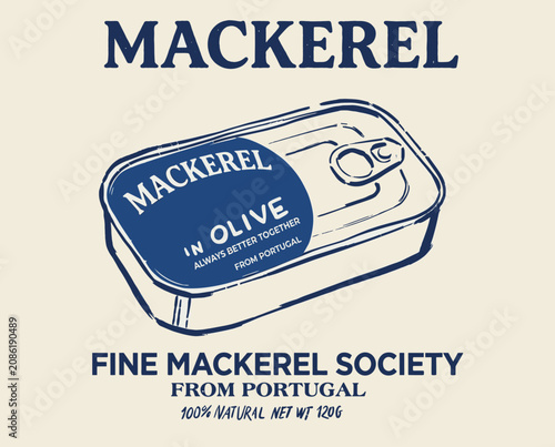 Mackerel tin vintage illustration, Portugal canned fish retro poster, seafood tin in olive oil, kitchen art, nautical blue sketch artwork
