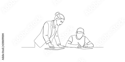 Bild auf Leinwand Continuous line drawing of a businesswoman manager guiding a man writing on pape