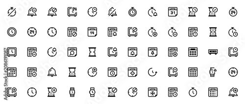 Time and Calendar icon set. Minimal vector icons pack. Includes stopwatch, alarm clock, calendar, hourglass, clock, bell, watch, digital clock, 24 hours and more. Editable stroke.