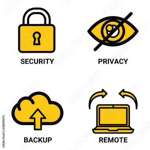 Vector art of four yellow and black icons related to data security and remote access padlock for security, eye with slash for privacy, cloud with arrow for backup, and laptop with arrows for remote