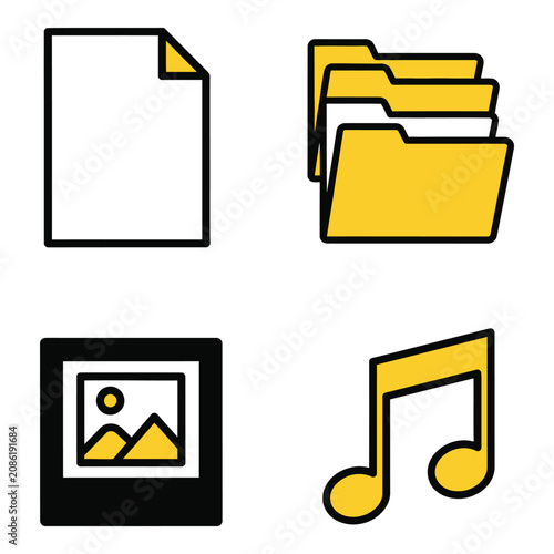 Vector art of four yellow icons representing document, folder, picture, and music