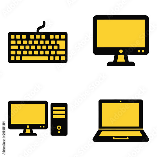 Vector art of collection of computer icons including keyboard, desktop monitor, computer tower, and laptop