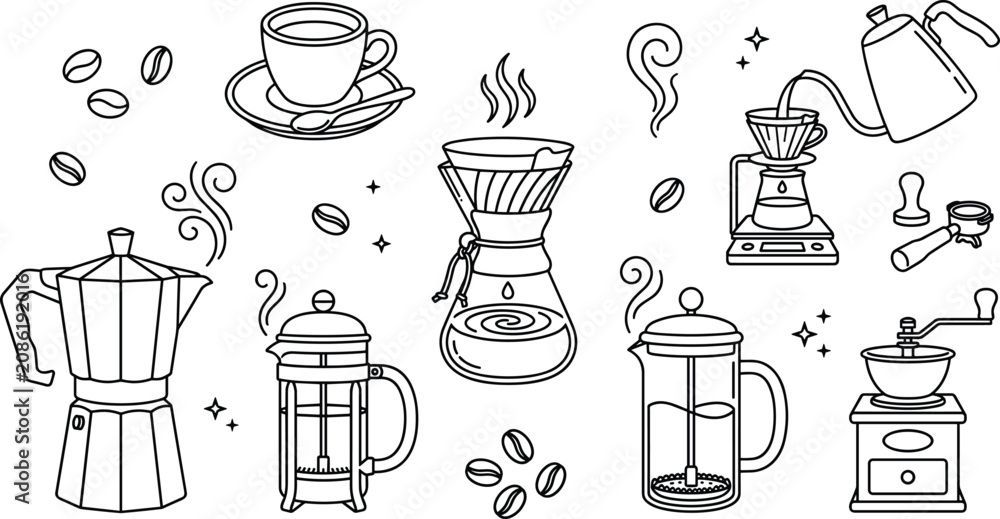 Wall Mural Alternative coffee brewing methods and specialty barista equipment linear icons