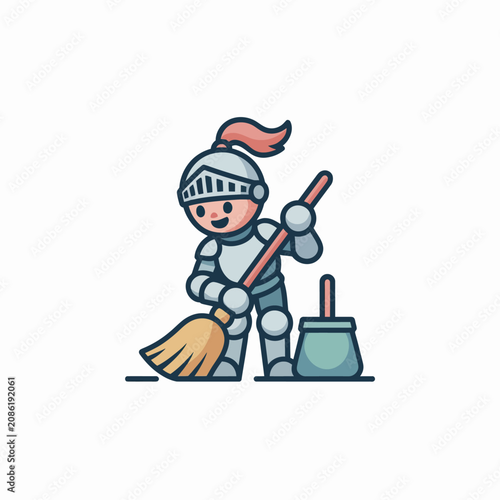 Fototapeta premium Cartoon knight cleaning with broom.