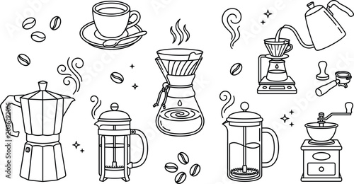 Bild auf Leinwand Alternative coffee brewing methods and specialty barista equipment linear icons