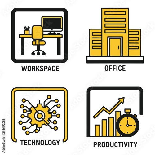 Vector art of four icons representing workspace, office, technology, and productivity in a business context