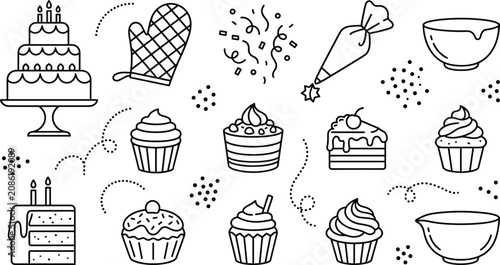 Foto Baking birthday cakes and sweet cupcakes confectionery tools line art icons vect