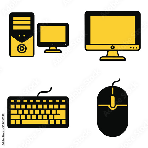 Vector art of computer hardware icons desktop computer, monitor, keyboard, and mouse