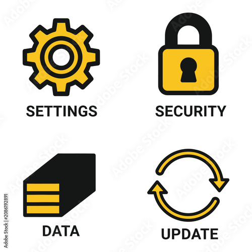 Vector art of four yellow and black icons representing settings, security, data, and update functions