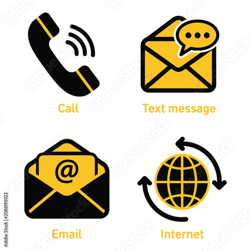 Vector art of four yellow and black icons for communication methods call, text message, email, and internet