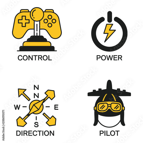 Vector art of four yellow and black outline icons representing gaming and control elements