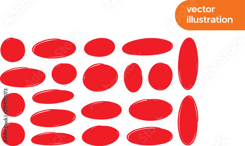Obraz na płótnie Red hand drawn marker circles and ovals, collection of 19 highlight pen strokes,