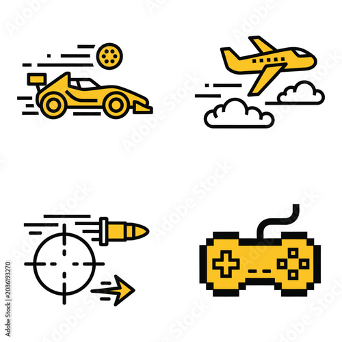Vector art of four yellow and black outline icons illustrating different types of games and vehicles