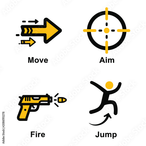 Vector art of four yellow icons illustrating video game actions move, aim, fire, and jump
