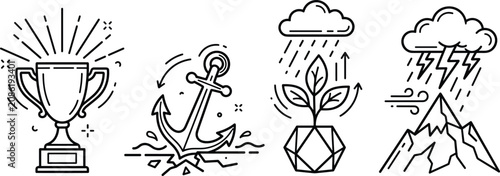 Business strategy and metaphor line icons set with trophy anchor growing plant and storm mountain