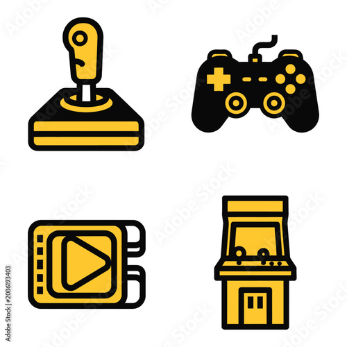 Vector art of collection of four flat design icons representing video game controllers and arcade machine
