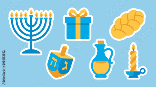 Fotografie Colorful vector illustration featuring traditional Hanukkah items like a menorah