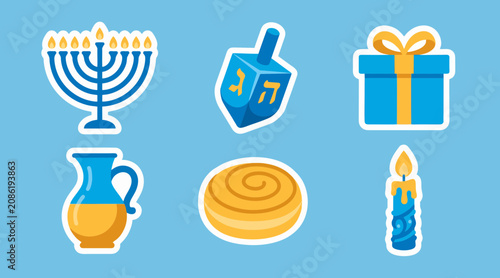 Cuadro en lienzo Vibrant hanukkah sticker set featuring a menorah dreidel gift jug donut and cand
