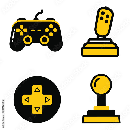 Vector art of collection of video game controllers and joysticks, including a gamepad, joystick, and directional pad