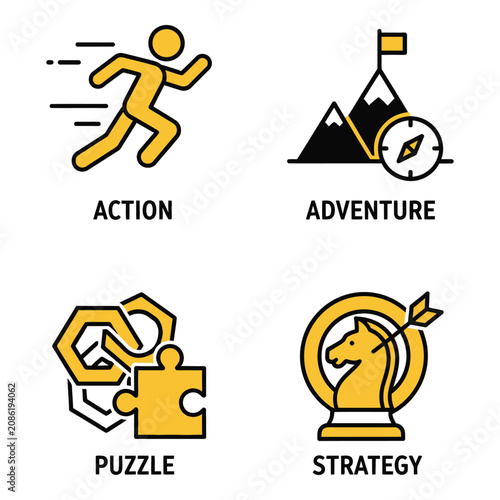 Vector art of four flat game genre icons action, adventure, puzzle, and strategy