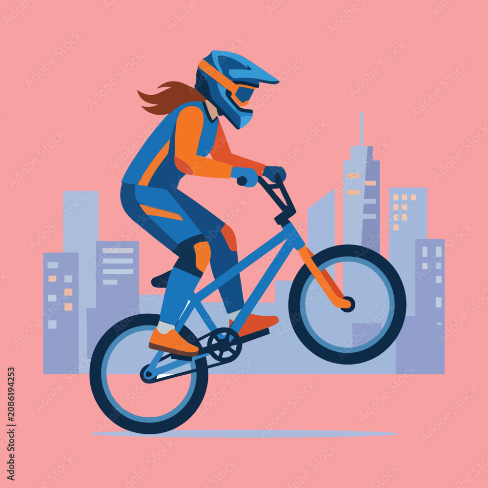 Obraz premium Female BMX Rider Doing Wheelie Stunt On Dirt Bike With Helmet And Protective Gear