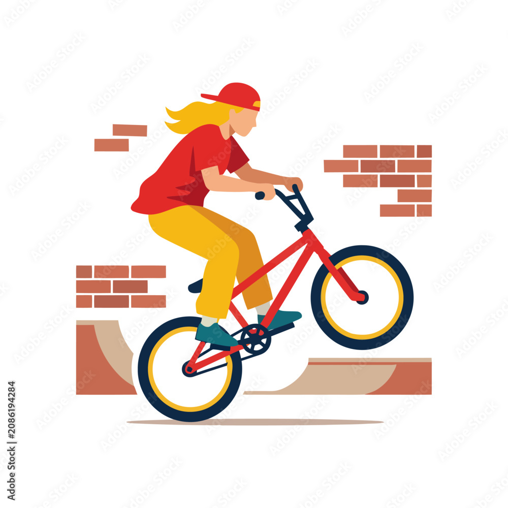 Obraz premium Female BMX Rider Doing Wheelie Stunt On Dirt Bike With Helmet And Protective Gear