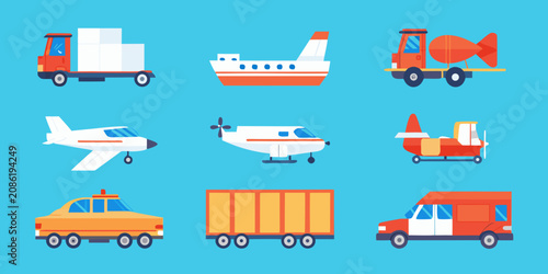 Obraz na plátně Assorted Transportation Vehicles Flat Vector Illustration On Blue Background