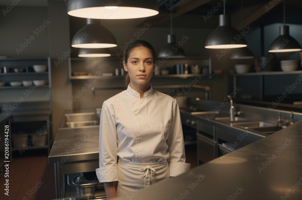 Fototapeta premium A professional chef stands in a commercial kitchen with stainless steel surfaces and industrial pendant lights.