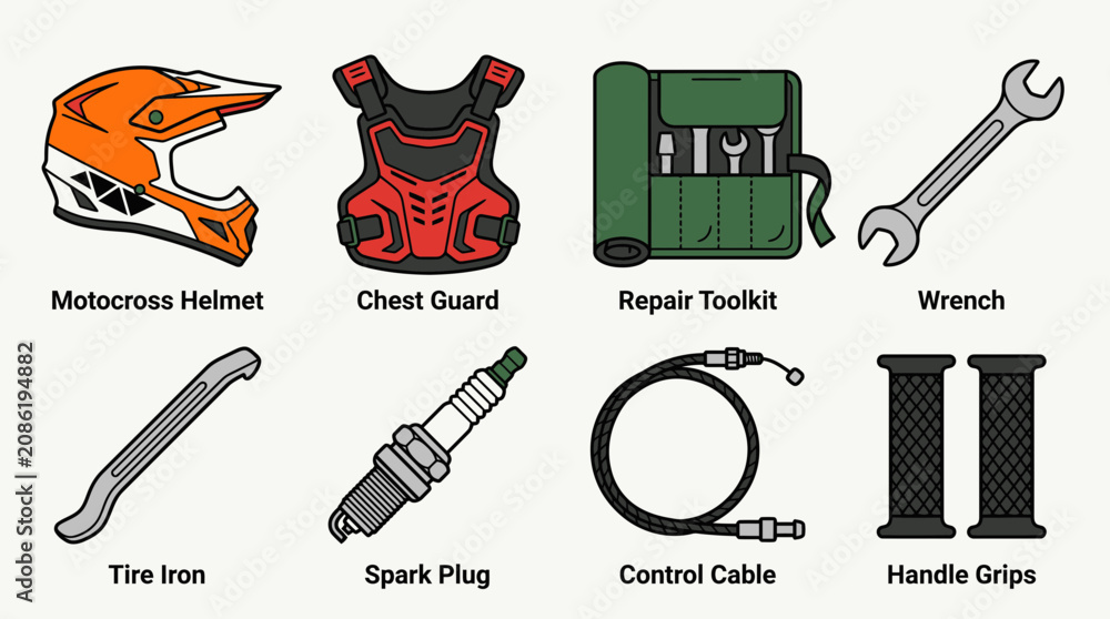 Naklejka premium Enduro motorcycle gear and tools for racing and repair on a bike
