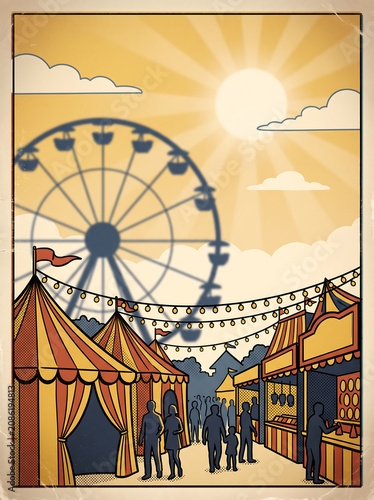 Vintage style carnival illustration with ferris wheel and tents for Poster Background