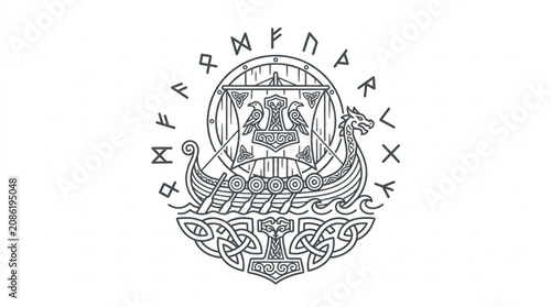 Tableau sur toile Norse Viking Ship with Runes and Thor Hammer Symbol.