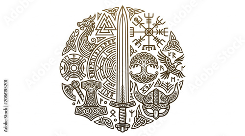 Foto Norse Mythology Symbols and Viking Warrior Sword Illustration.